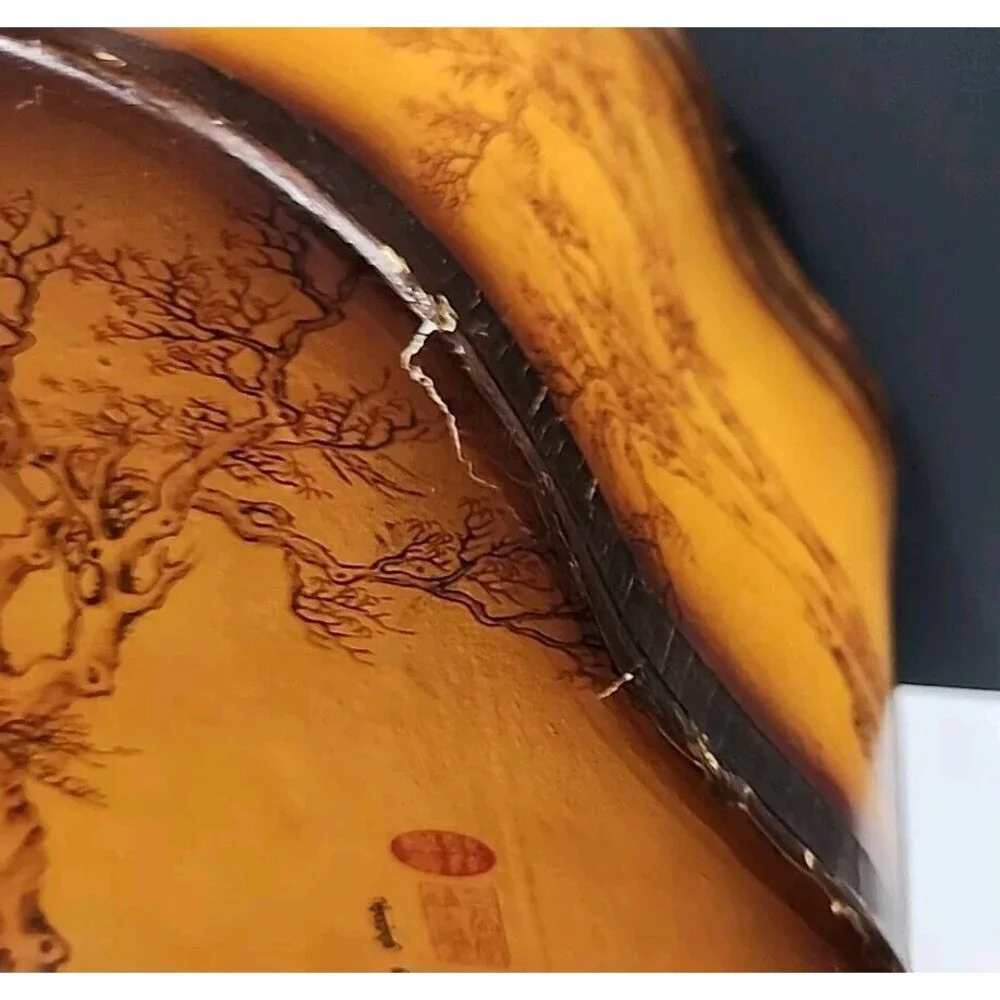 vintage Wooden Wine Caddy With Leather Handle Oriental Tree Art Work Very Unique